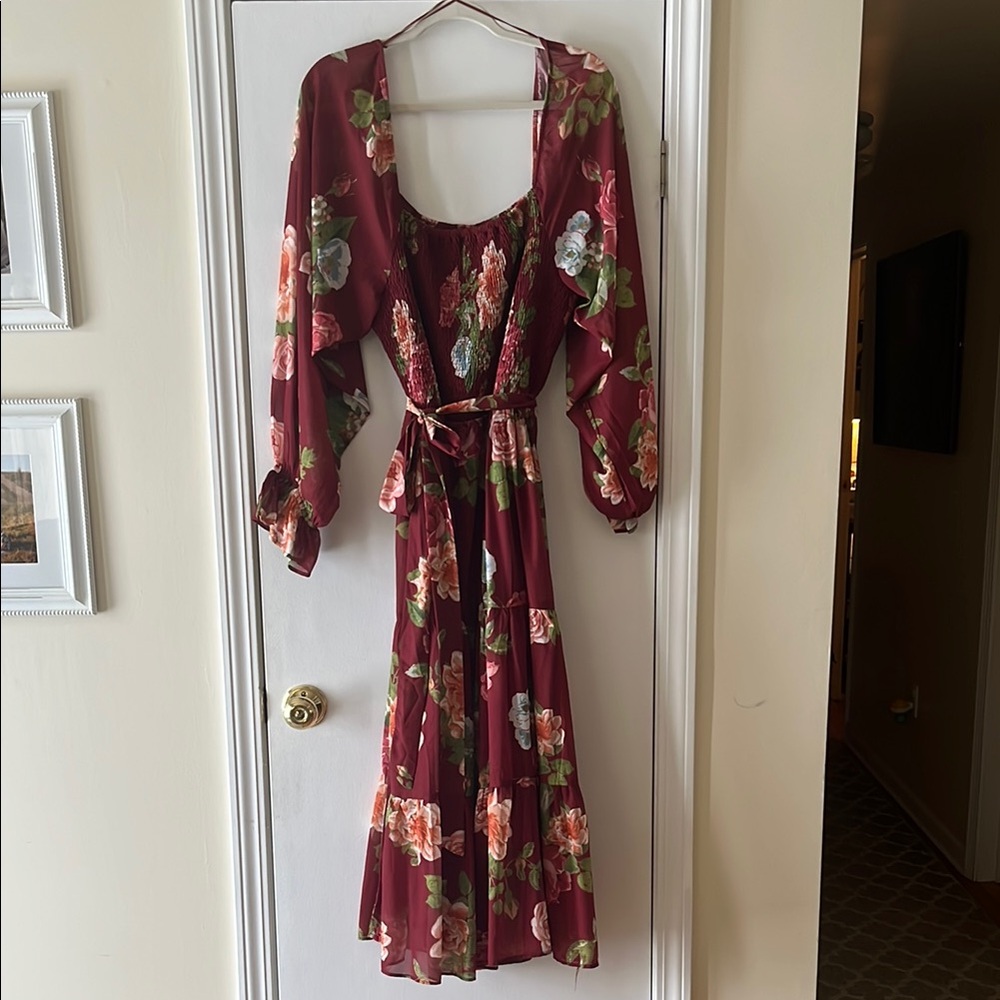 Red Midi Sundress with Ruffled Tie Front and Long Sleeves